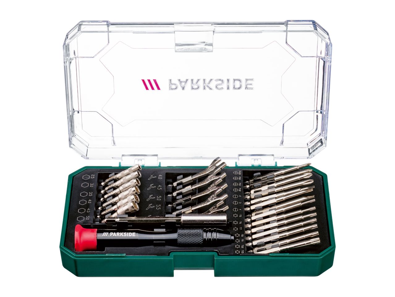 Screwdriver bit set with various bits, including hex, torx, and Phillips, in a clear case.