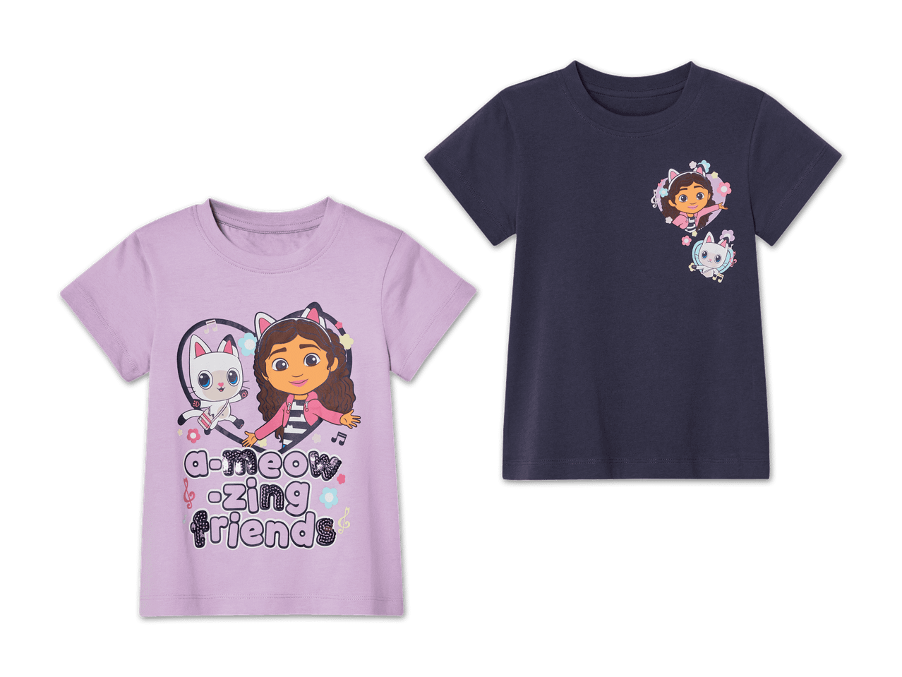Zwei lila und dunkelblaue T-Shirts mit Dora the Explorer Motiv für Kinder.