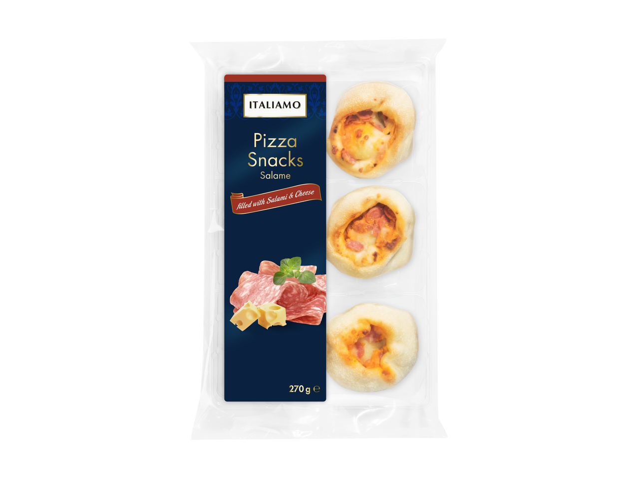 ITALIAMO Pizza Snacks Salame, mini pizzas recheadas com salame e queijo, 270g.