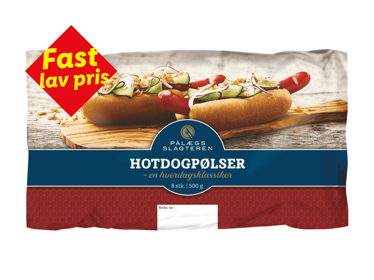 Hotdogpølser med tilbehør på en træplade, med teksten 'Fast lav pris'.