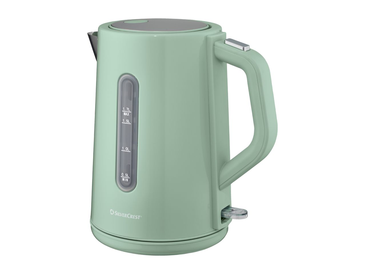 Light green electric kettle with a water level indicator and a silver button on the handle.