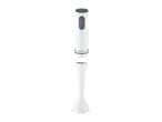 White and grey immersion blender, separated into two parts, on a white background.