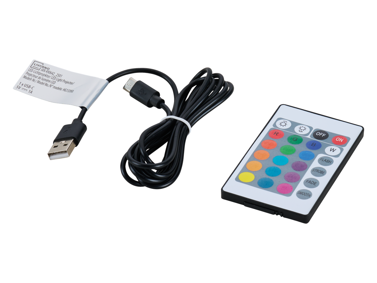 Projecteur de lumière LED LIVARNO avec télécommande et câble USB-C.