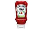Heinz Zero Ketchup met de tekst 'Toegevoegde Suikers en Zout' en '100% Recyclable Bottle'.