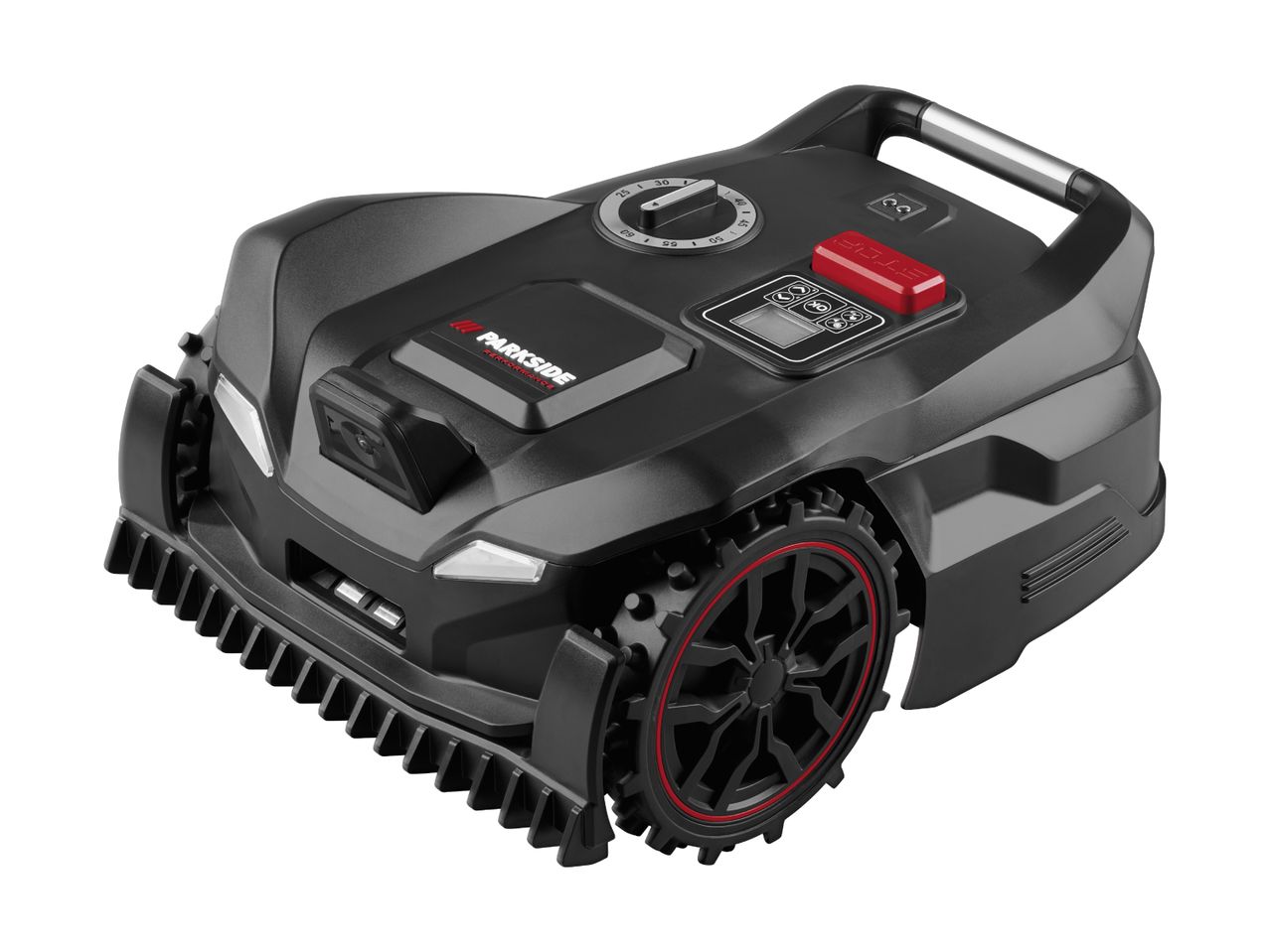Black robotic lawnmower with red accents and a control panel on top