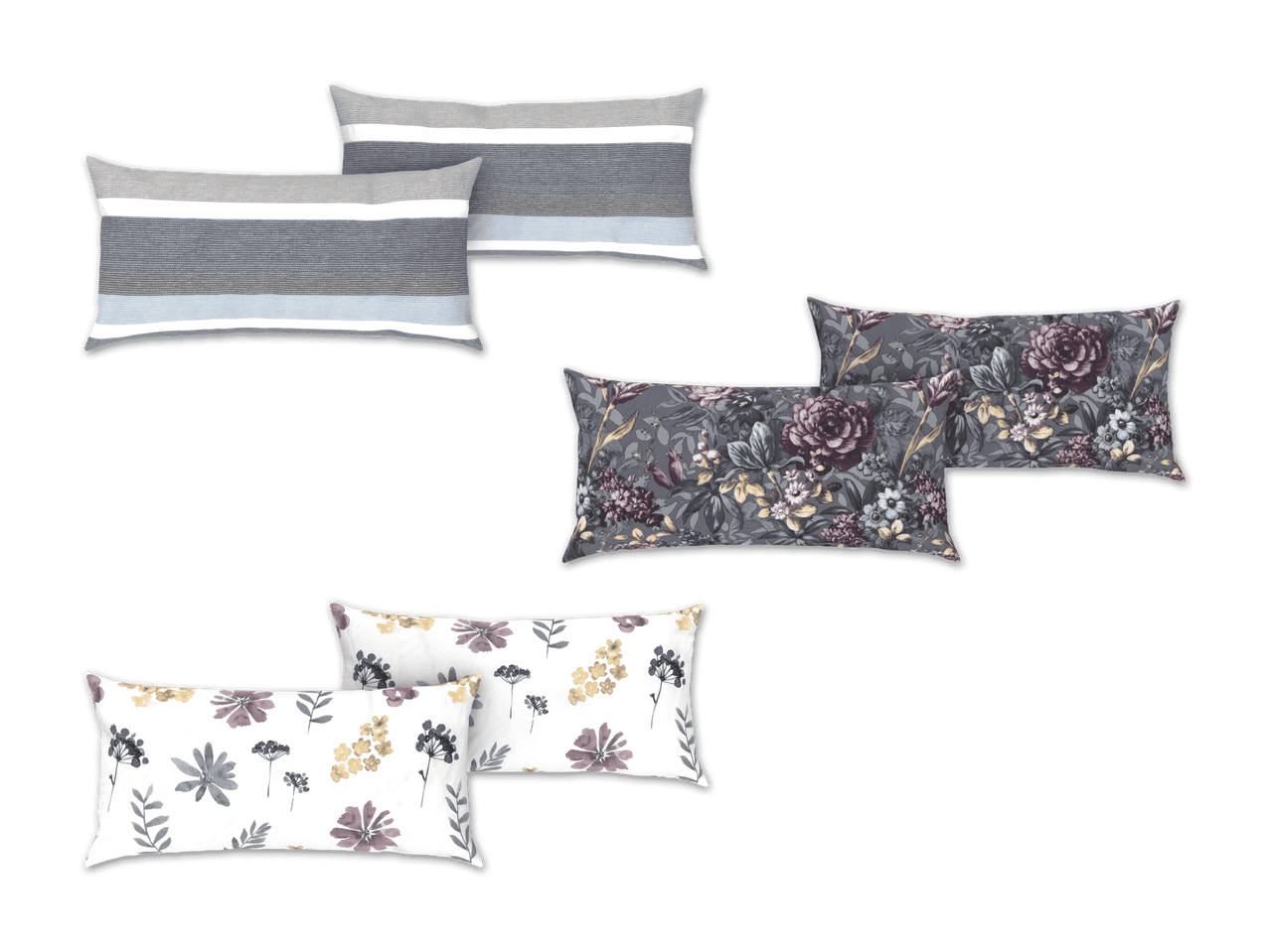 Ein Set von Kissen in verschiedenen Mustern: Streifen, Blumen und florale Designs in Grau- und Weißtönen.