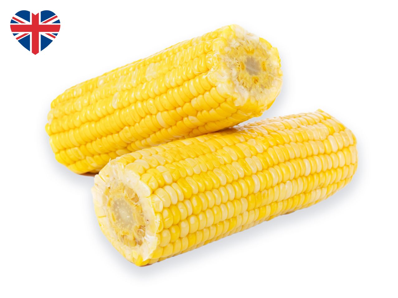 Two cooked corn on the cob with a heart-shaped Union Jack flag.