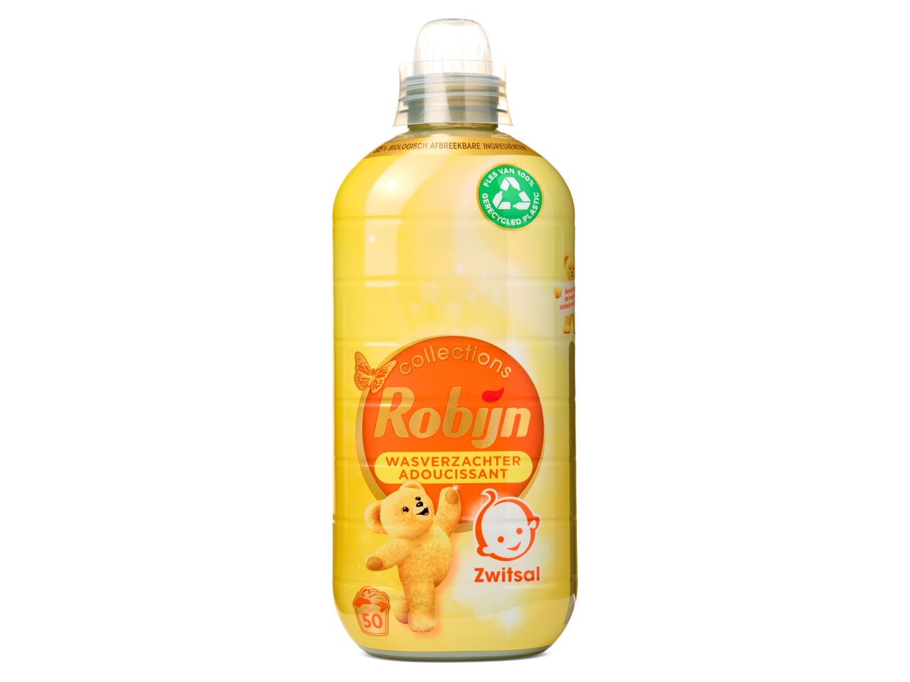 Robyn Collections wasverzachter: gele fles met teddybeer en baby.