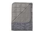 Gray quilted blanket with a folded corner revealing a darker gray, plush underside.