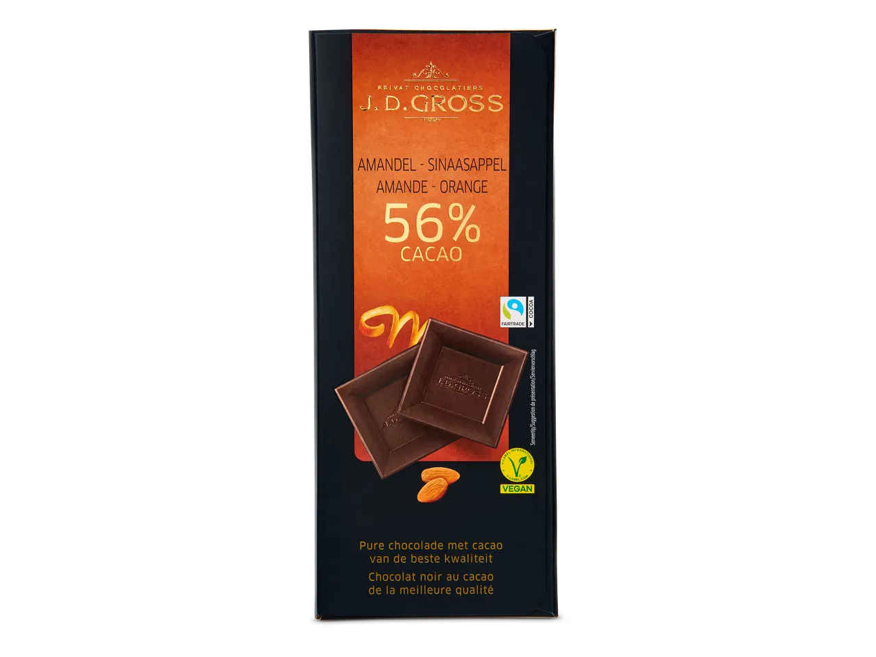 Een reep pure chocolade met amandel en sinaasappel, 56% cacao en veganistisch gecertificeerd.