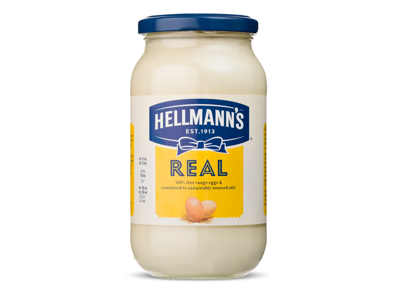 Pot mayonaise met blauw deksel en etiket met de tekst 'REAL', '100% free range eggs' en voedingsinformatie.