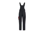 Dark blue work overalls with red accents and pockets, back view.