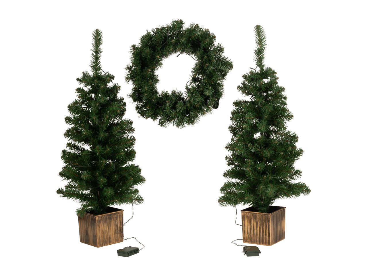 Two artificial Christmas trees in wooden pots and a matching wreath.