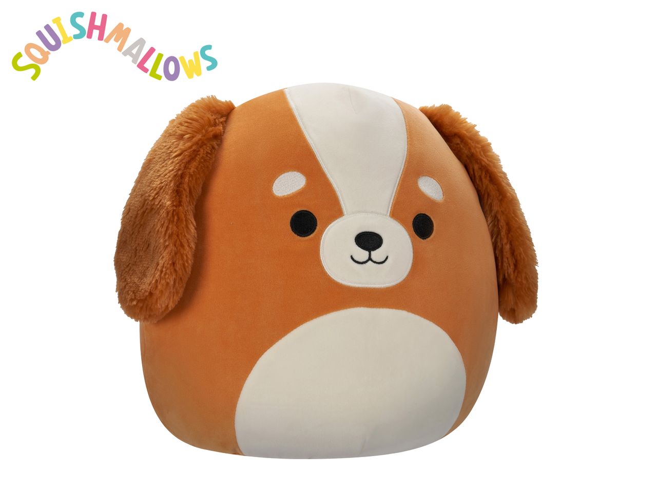 Brown and white dog plush toy with the word 'SQUISHMALLOWS' above it.