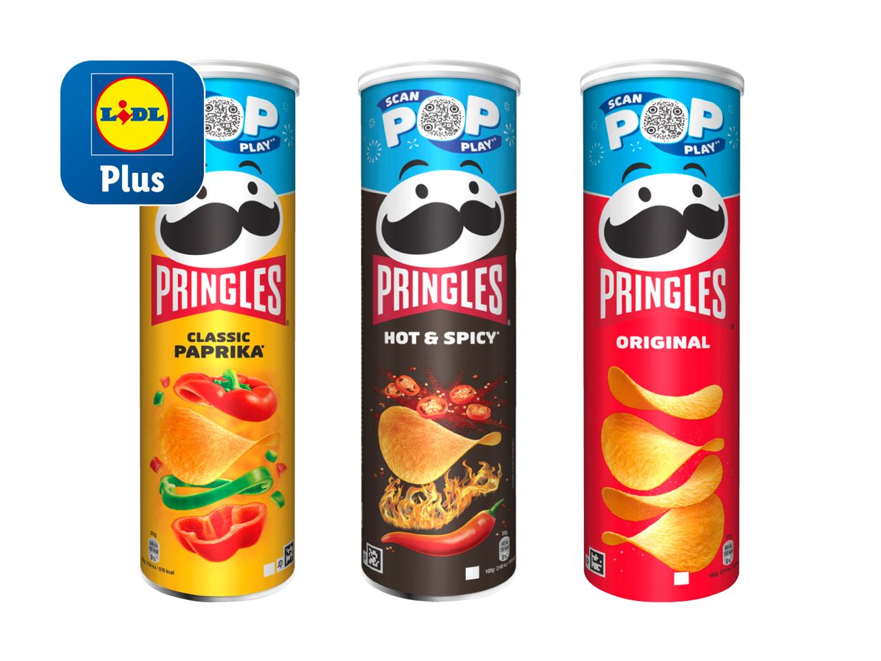 Drei Dosen Pringles Lidl Plus mit Paprika, scharf und original Geschmack.