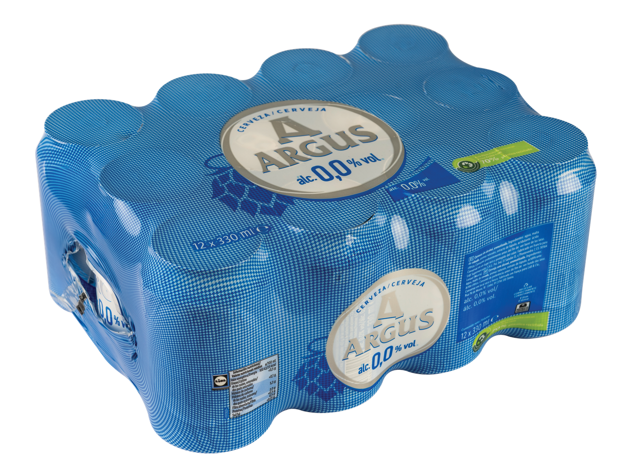 Cerveja Argus 0,0% sem álcool, pack de 12 latas de 330ml, em embalagem azul.