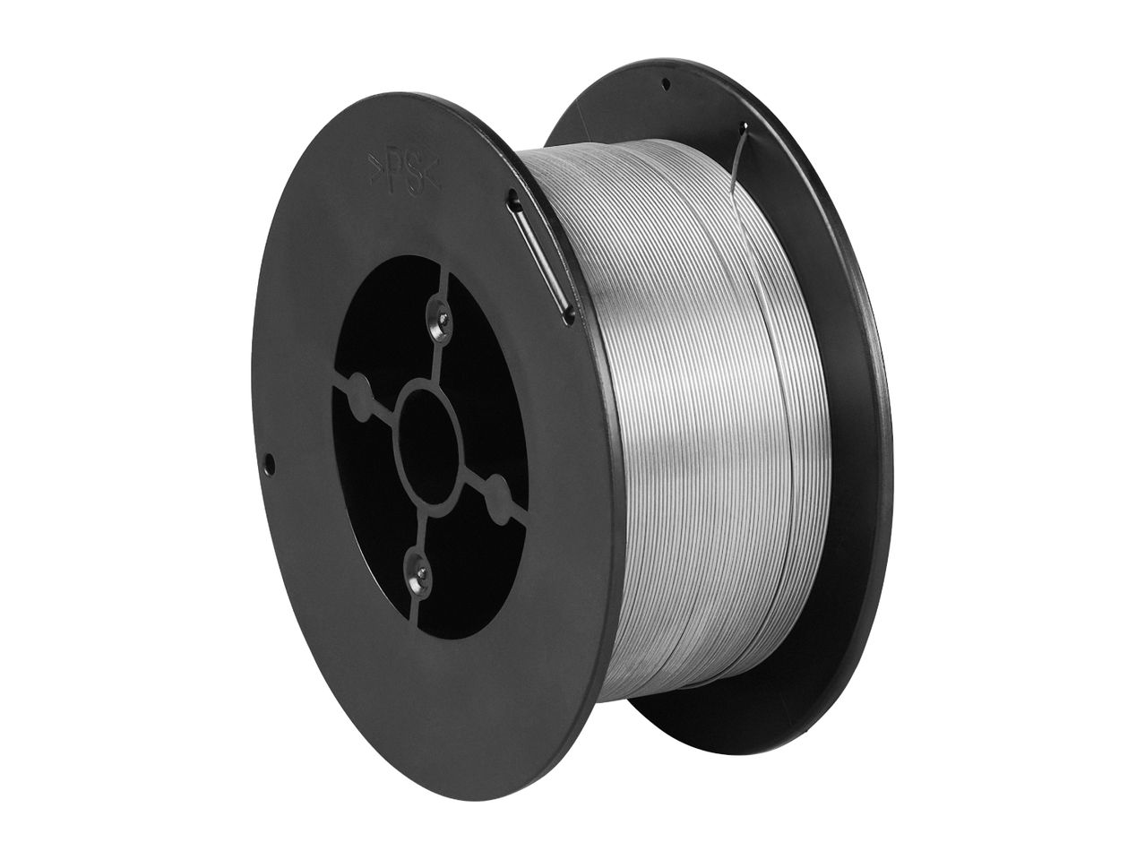 A spool of silver welding wire on a black plastic reel.