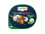 ITALIAMO Mini-Mozzarella com manjericão e tomate em espetos, sobre um fundo azul.