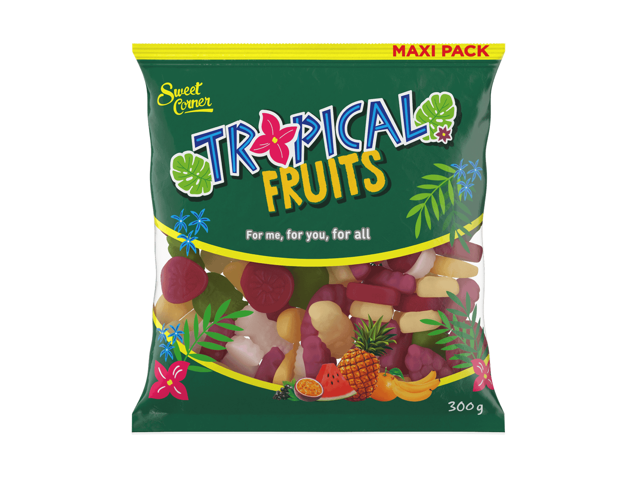 Sachet de bonbons gélifiés Sweet Corner Tropical Fruits, 300g.
