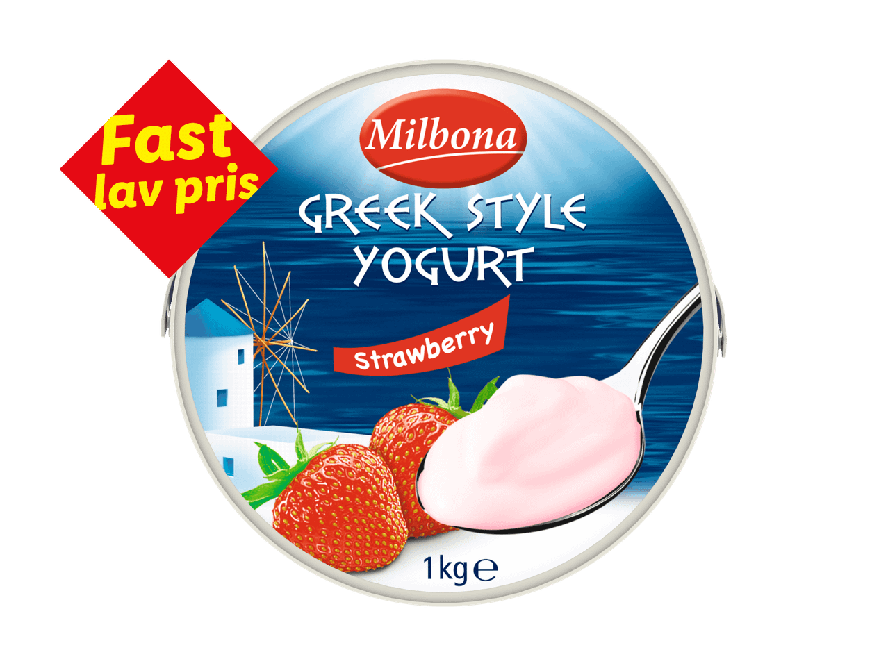Græsk yoghurt med jordbær, 1 kg, med et rødt mærke der siger 'Fast lav pris'.