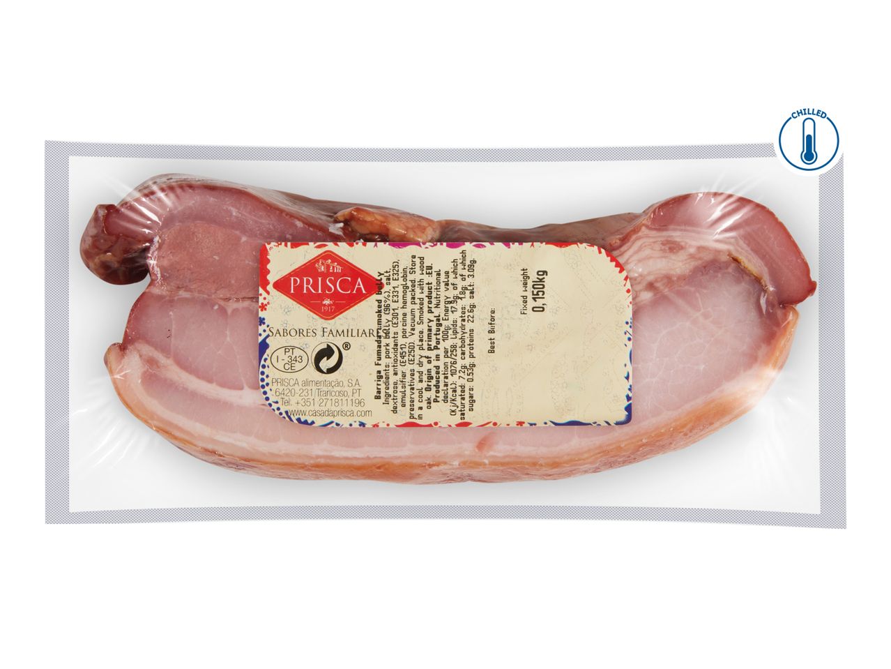 Vacuum-packed smoked pork belly with a label showing ingredients, nutritional information, and weight.