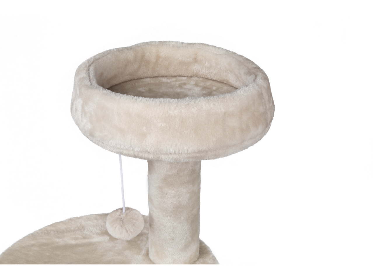 Kreminės spalvos katės guolis su kabančiu pomponu.