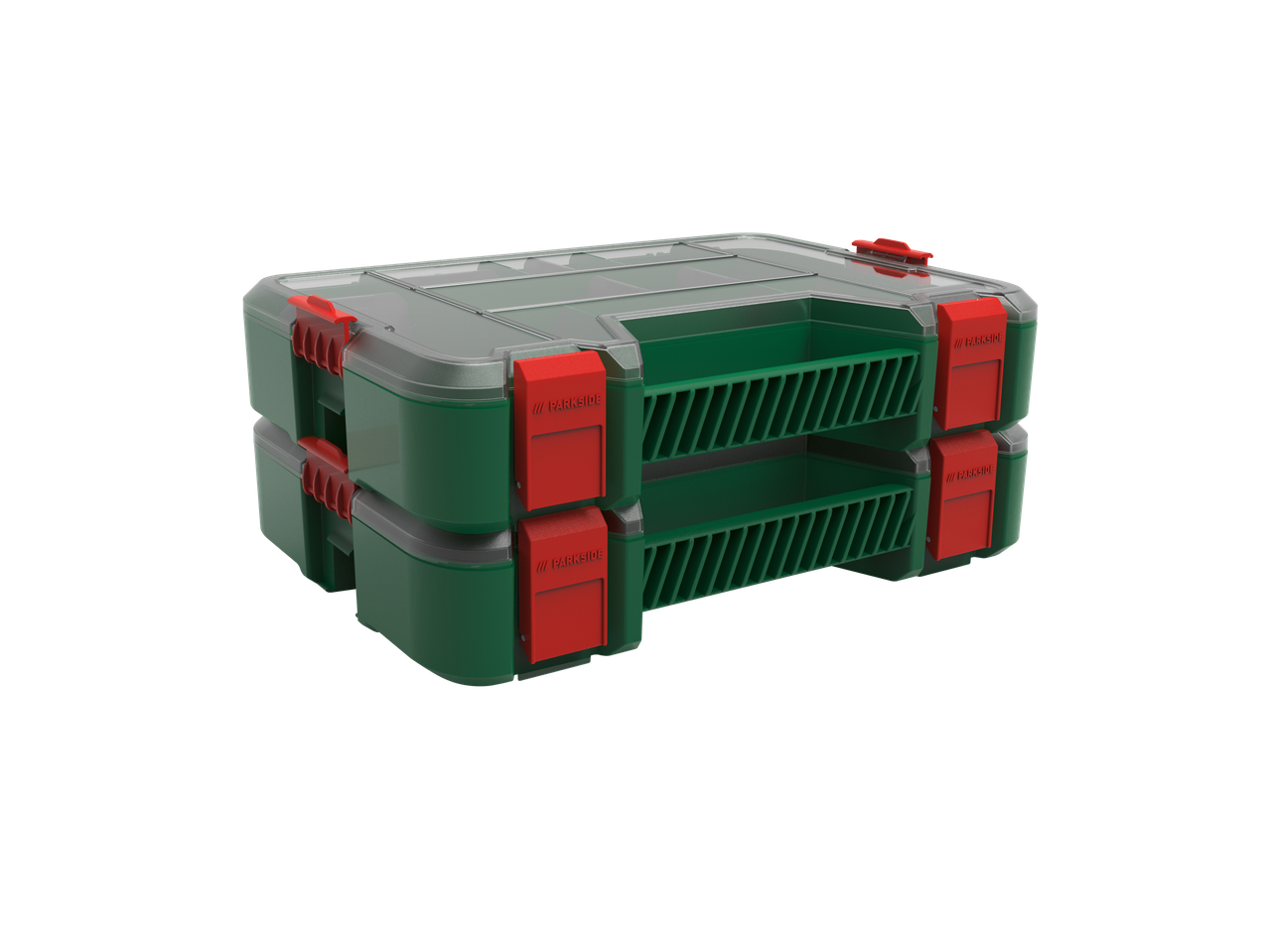 Organizador de ferramentas Parkside com tampa transparente e fechos vermelhos