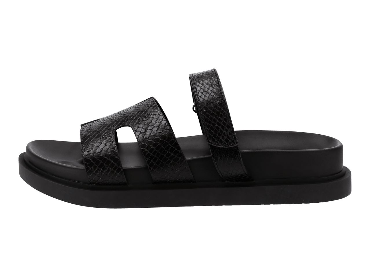 Black men's sandals with a snakeskin texture and thick sole