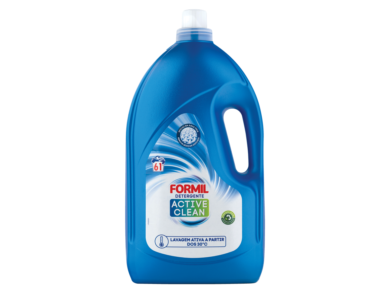 Frasco azul de detergente Formil Active Clean.