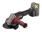 Cordless angle grinder with a cutting disc, featuring a red handle and a faded battery pack.