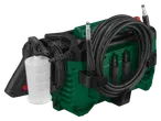 Green pressure washer with black hose, spray gun, and white detergent bottle