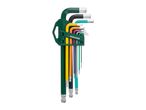 A set of colorful hex keys in a green holder, with sizes ranging from 1.5 to 10.