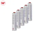 Five gas cartridges with red caps, featuring warning labels and an '18+' age restriction symbol.