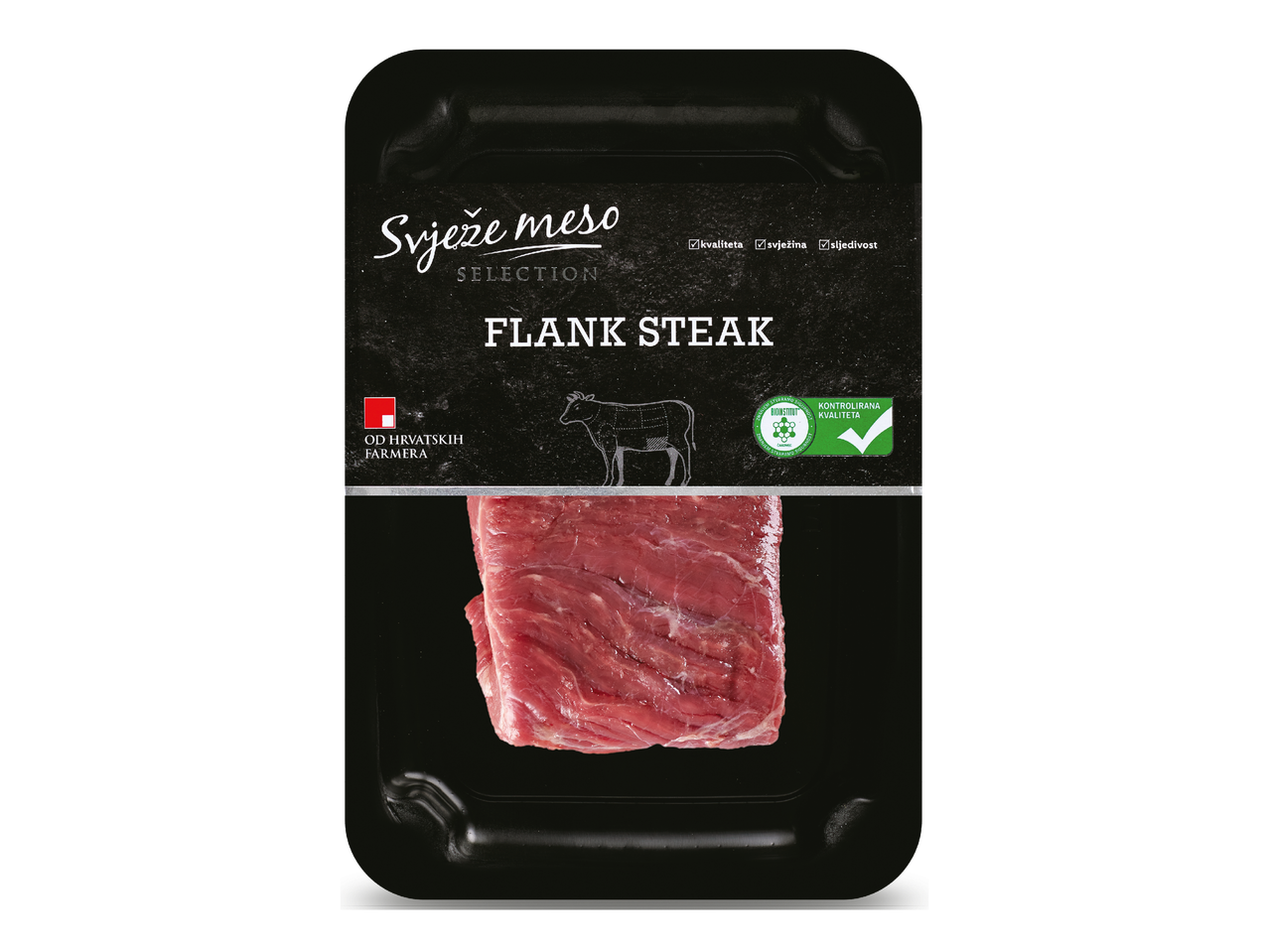 Pakiranje svježeg mesa s natpisom 'Flank Steak' i oznakama kvalitete.