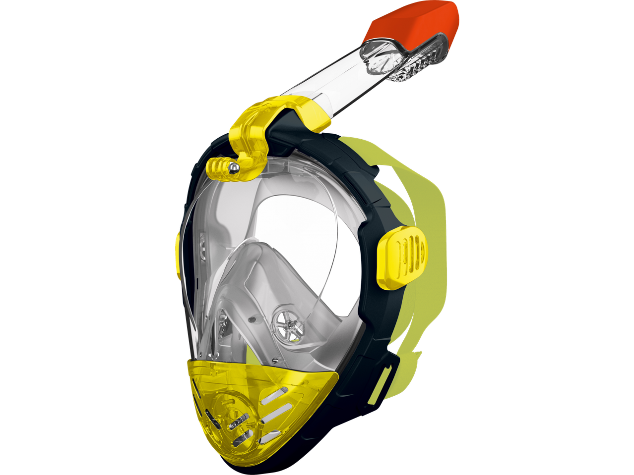 CRIVIT Premium Snorkel Mask in black, yellow, and clear with an orange snorkel.