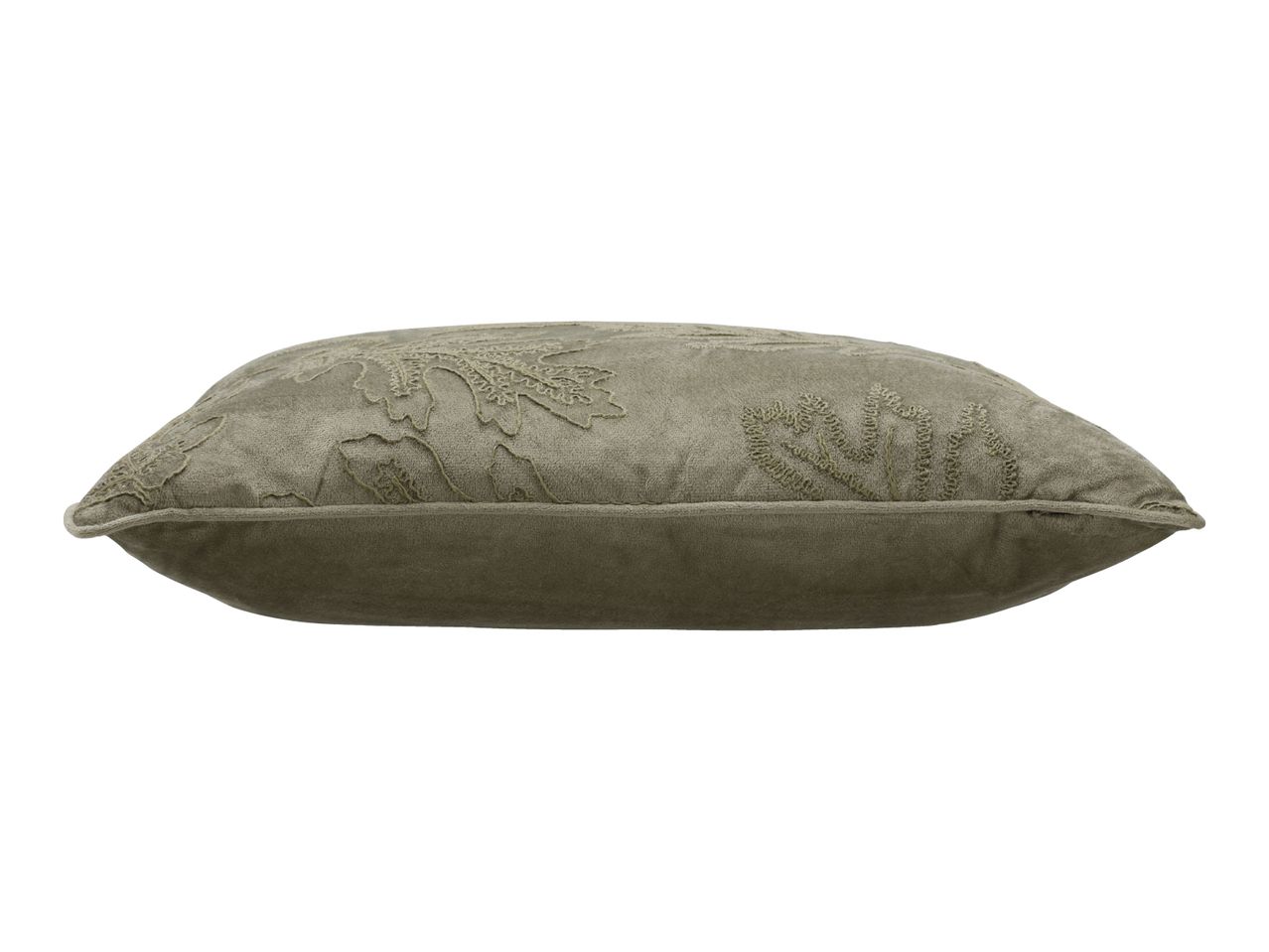 Olive green decorative cushion with embroidered leaf patterns.