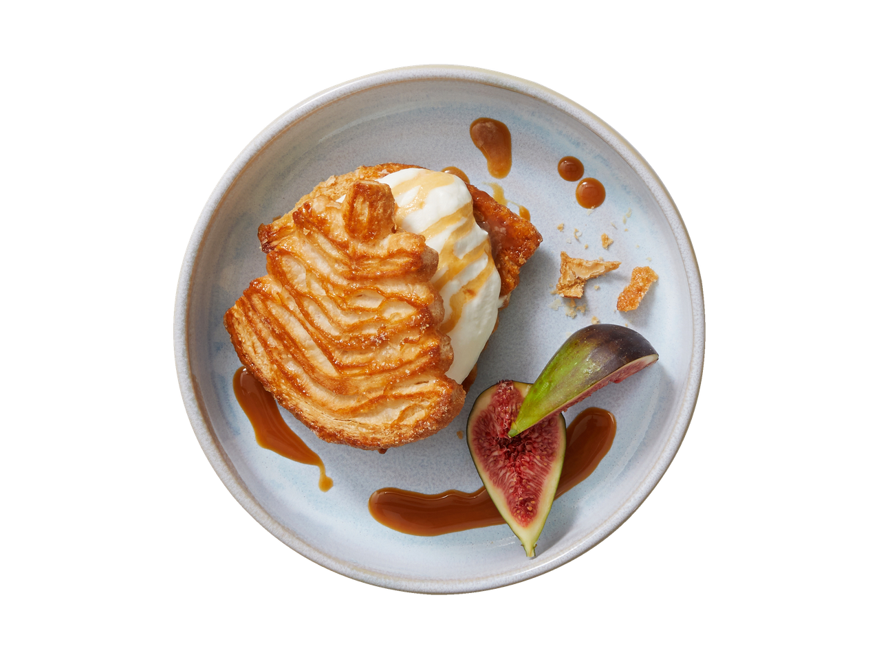 Pastry, ice cream, and figs with caramel sauce.