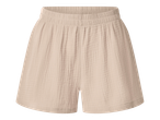 Bézs színű, ráncolt derekú, rövidnadrág, puha, texturált anyagból.