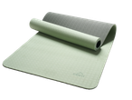 Light green yoga mat, partially rolled up, with a textured surface and a logo.