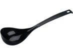 A black plastic ladle with a long handle and a hanging hole at the end.