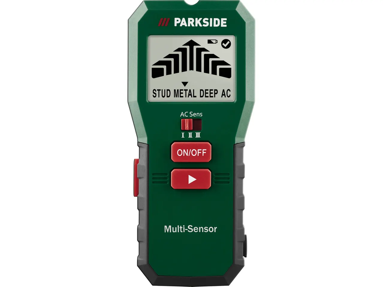 Parkside Multi-Sensor stud finder with a digital display and red buttons.