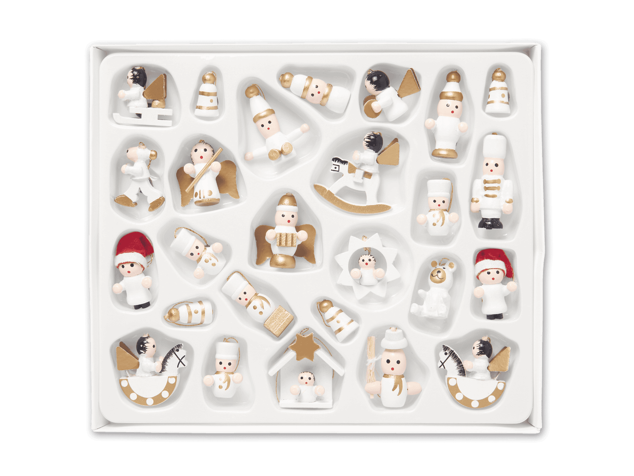 Set mit 24 weißen und goldenen Weihnachtsbaumschmuck-Figuren in einer Schachtel