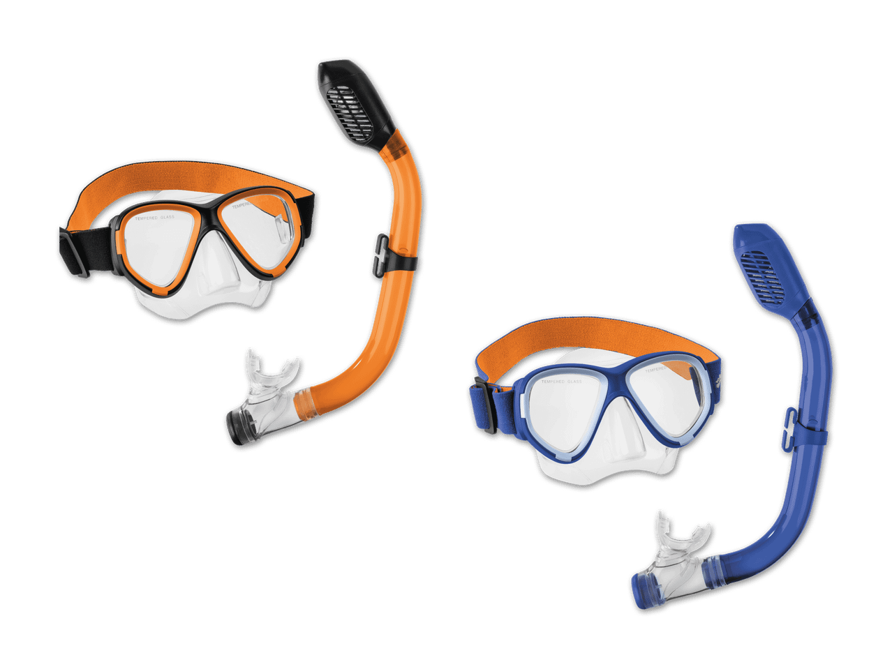 Zwei Schnorchelsets, eines orange und eines blau, mit Tauchmasken und Schnorcheln.