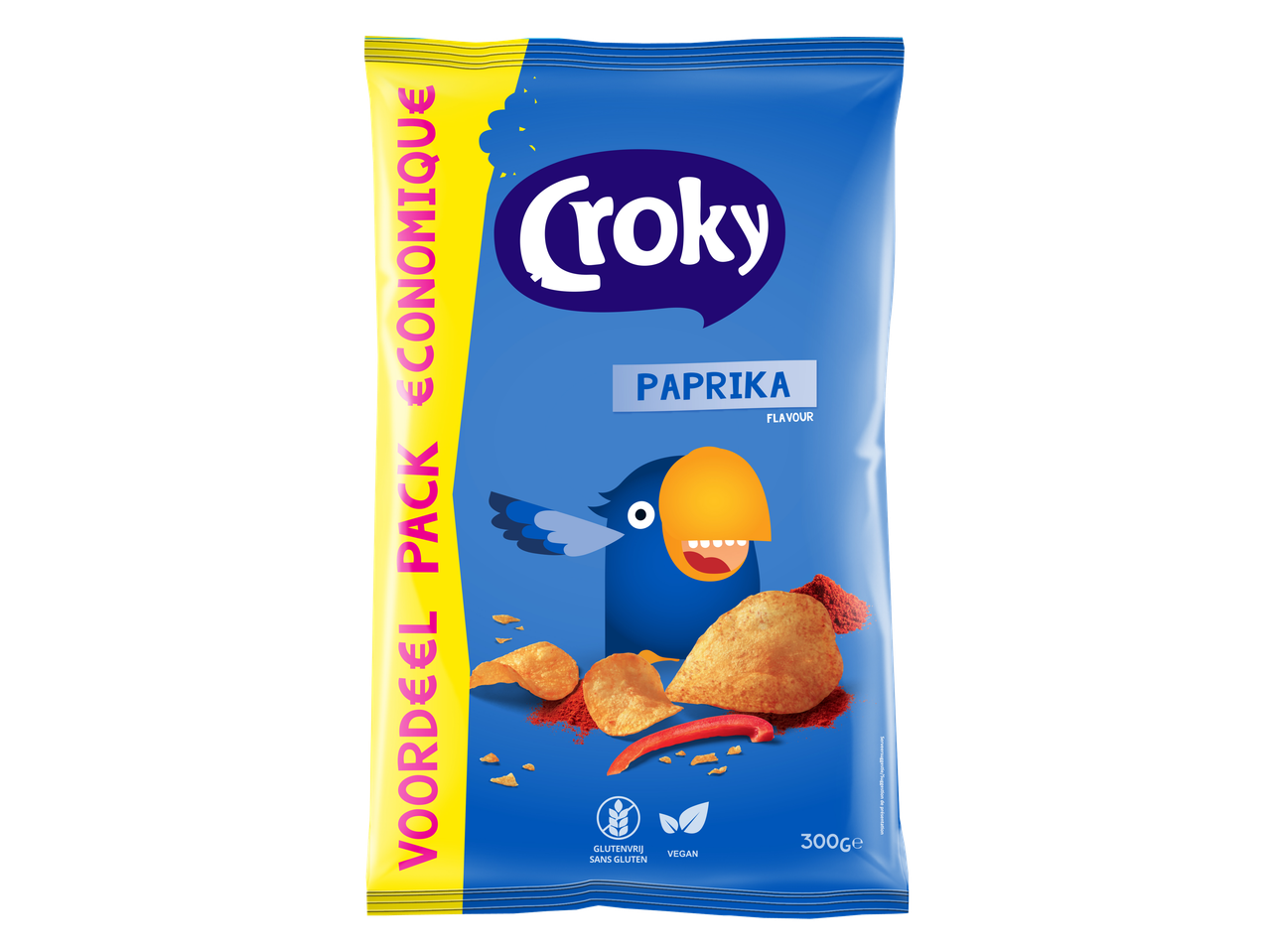 Croky Paprika Flatchips in een blauwe zak met een cartoonvogel, 300g, glutenvrij en vegan.