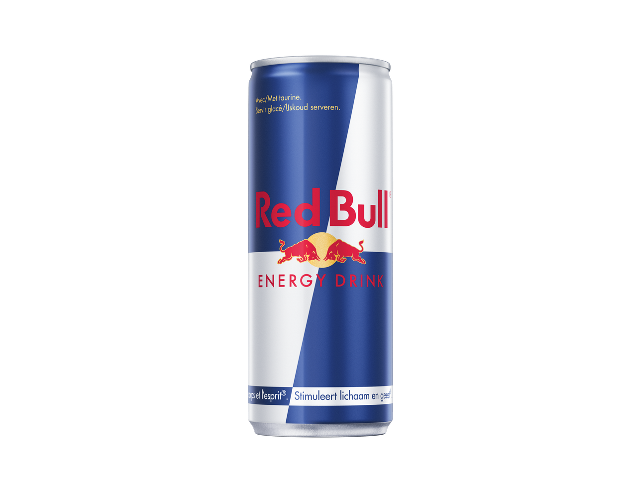 Une canette de boisson énergisante Red Bull avec du texte en français et en néerlandais.