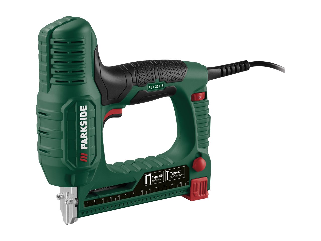 Green electric stapler with black accents, showing staple and nail type compatibility.