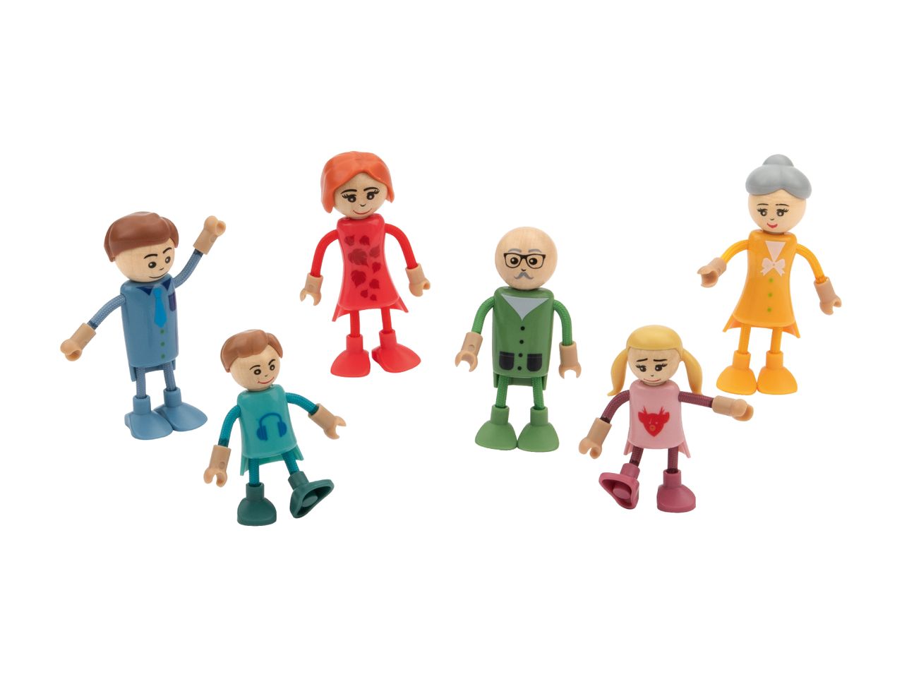 Seks træfigurer, der forestiller en familie, med bøjelige lemmer og farverigt tøj.