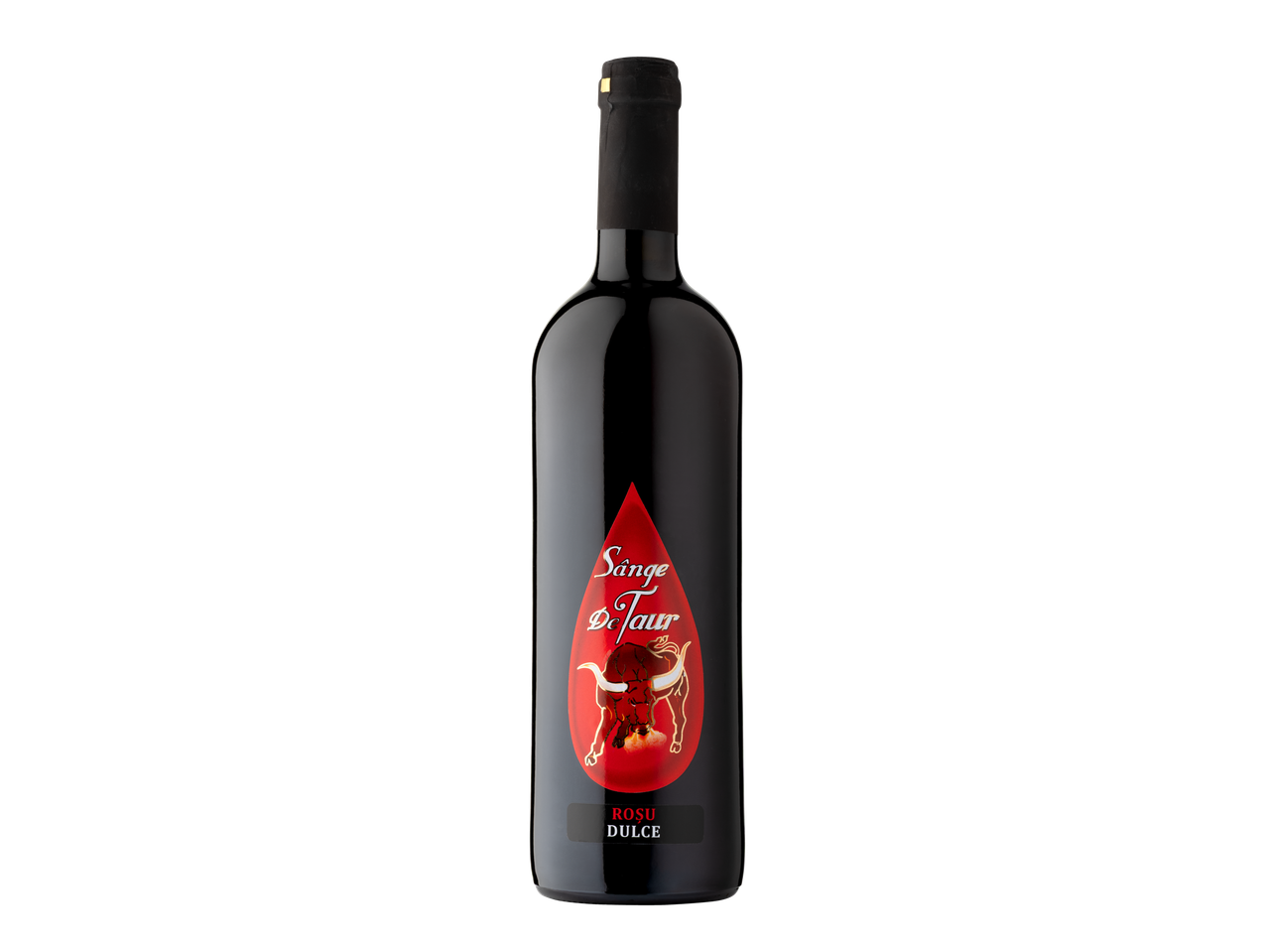 O sticlă de vin roșu cu eticheta „Sânge De Taur” și un logo cu un taur.