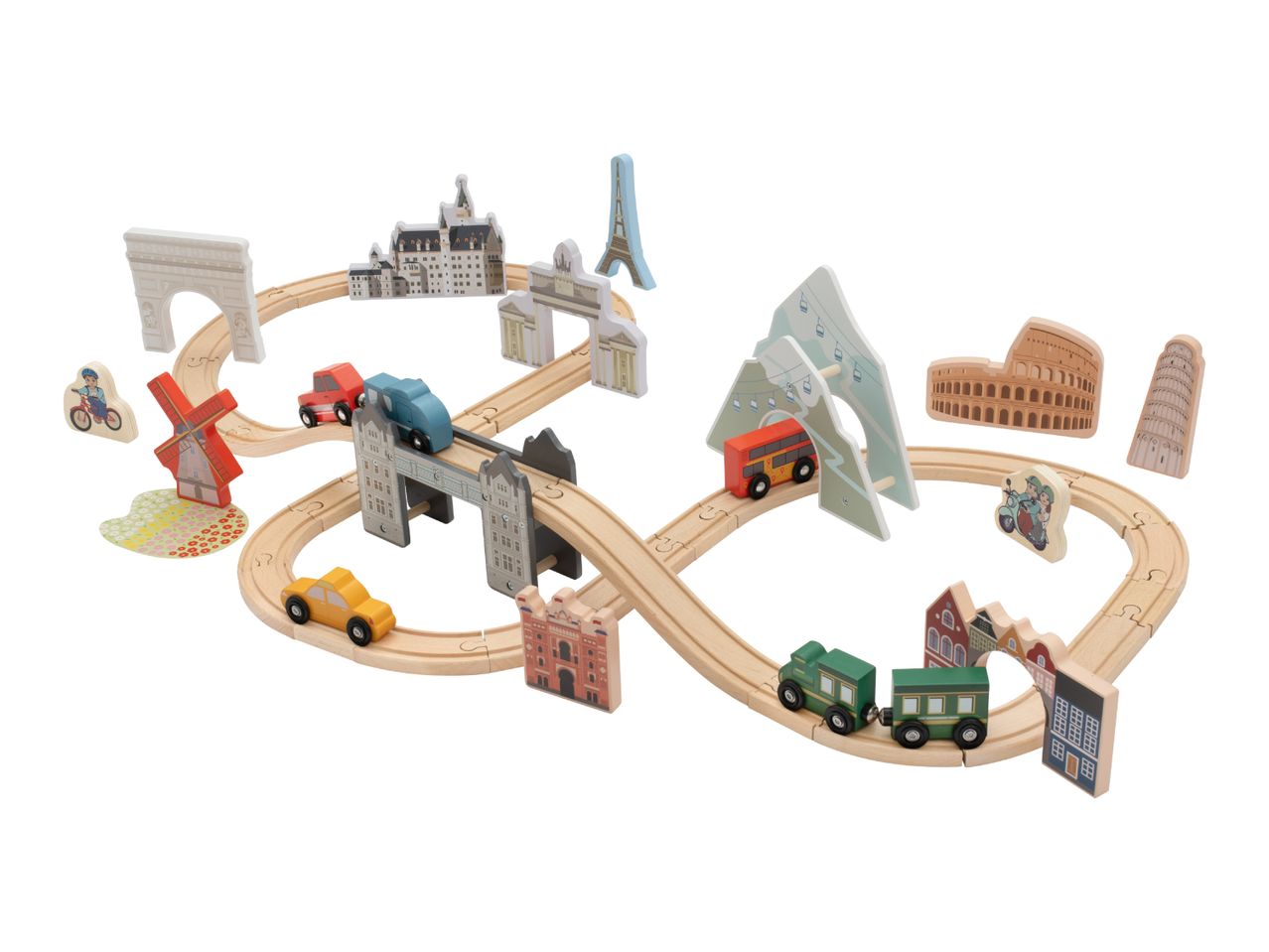 Wooden toy train set with cars, famous landmarks, and buildings on a white background.