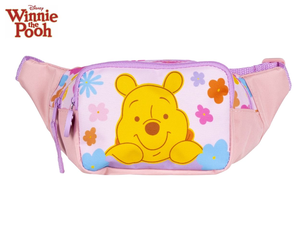 Pink children's fanny pack with Winnie the Pooh and floral design.